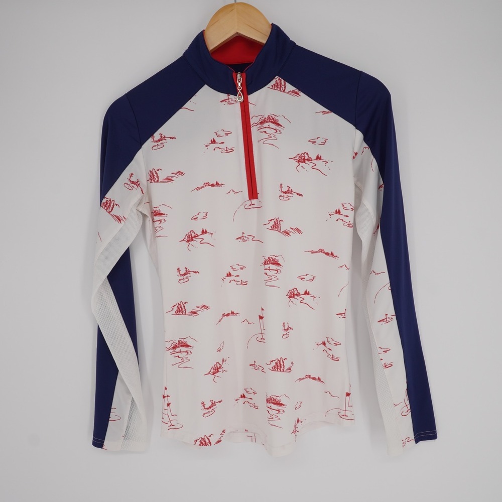 San Soleil 1/4 Zip Pullover Golf Shirt Womens XS White Golf Print UPF50 Preppy - Picture 6 of 9